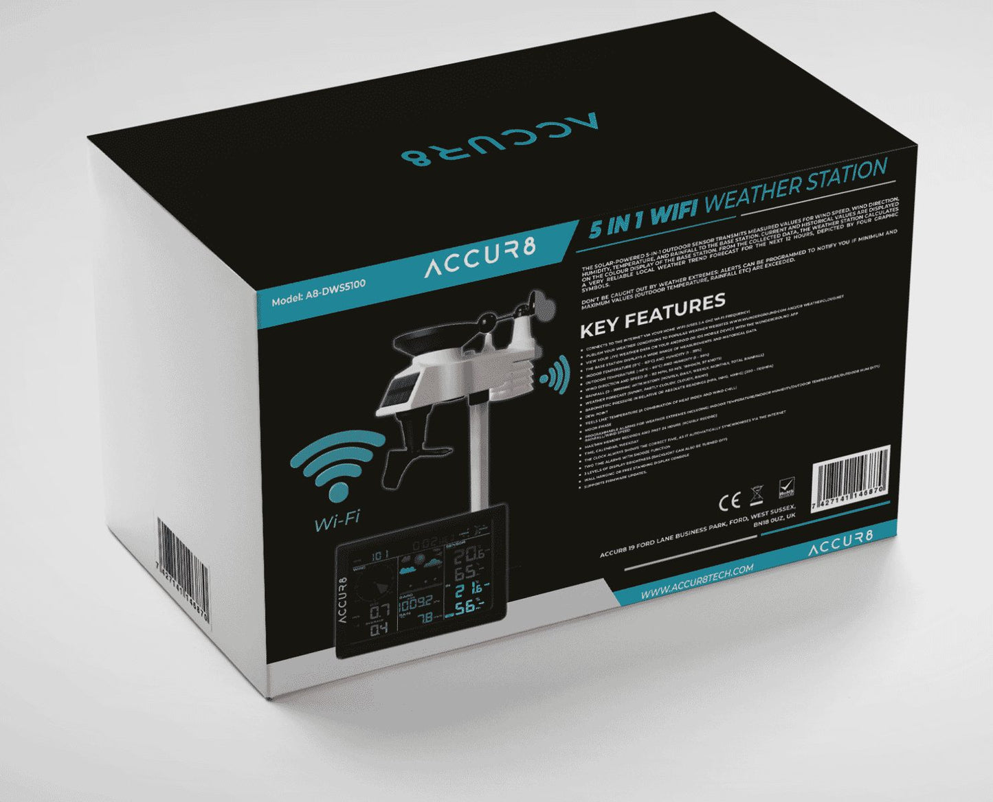 ACCUR8 DWS5100 5-in-1 Complete WiFi Weather Station incl Weather Alerts & Mobile Phone Link - Solar-Powered