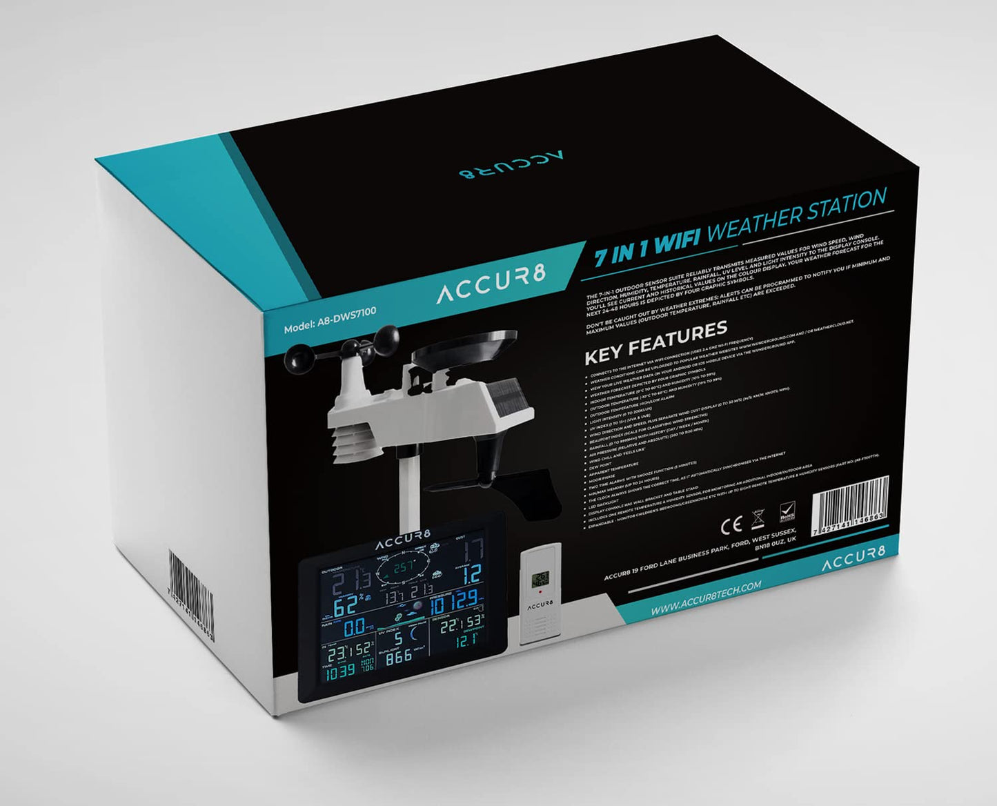 ACCUR8 DWS7100 7-in-1 Complete WiFi Weather Station incl UV Level, Weather Alerts & Mobile Phone Link - Solar-Powered