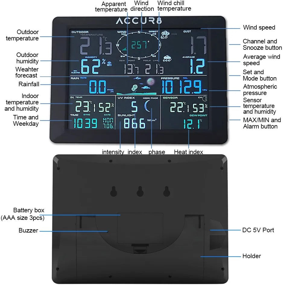 ACCUR8 DWS7100 7-in-1 Complete WiFi Weather Station incl UV Level, Weather Alerts & Mobile Phone Link - Solar-Powered