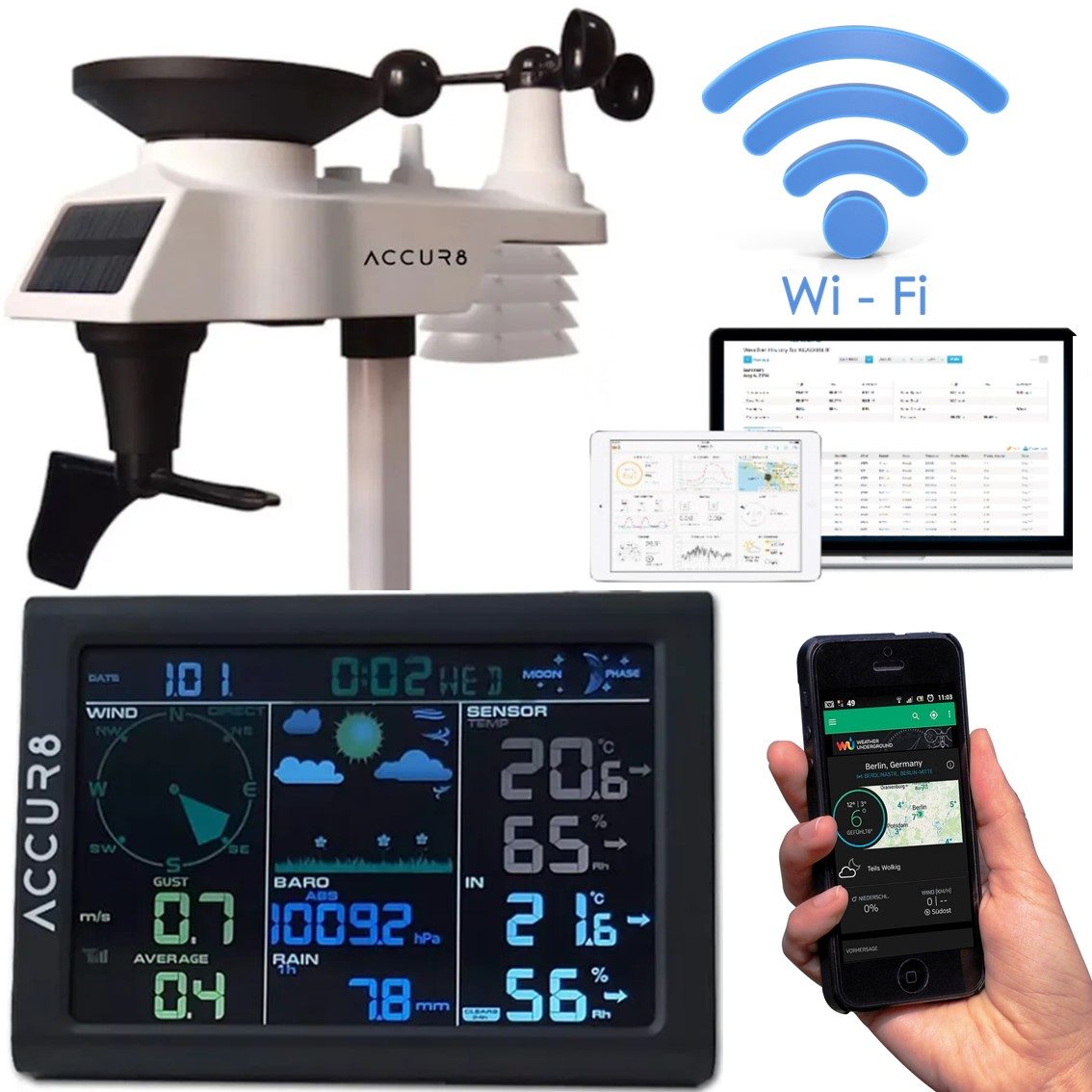 ACCUR8 DWS5100 5-in-1 Solar-Powered WiFi Weather Station with Weather Alerts & Mobile Phone Link