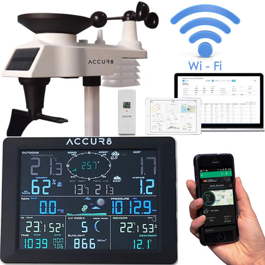 ACCUR8 DWS7100 7-in-1 Solar-Powered WiFi Weather Station with Light Intensity, UV Level, Weather Alerts & Mobile Phone Link
