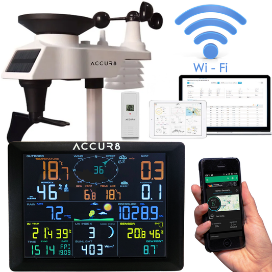 ACCUR8 DWS7100 weather station with a solar panel, wireless connectivity, and digital display showing weather data, alongside a smartphonee.