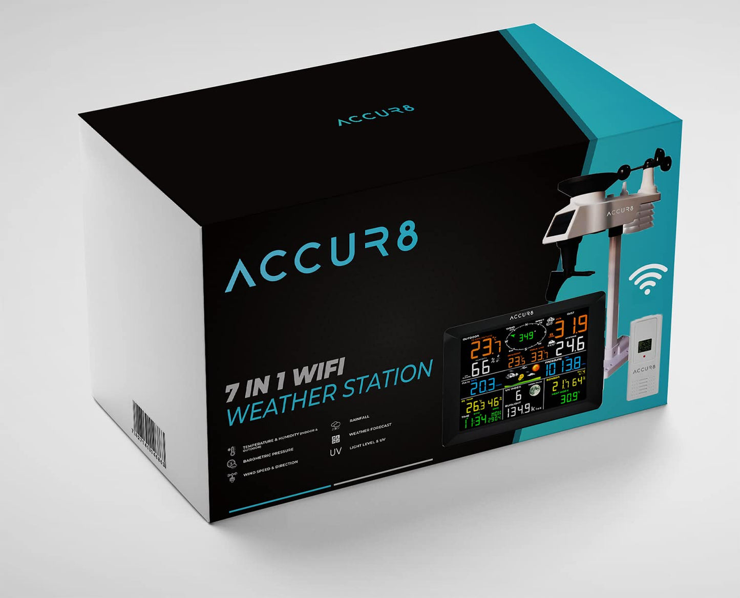 ACCUR8 DWS7100 7-in-1 Solar-Powered WiFi Weather Station with Light Intensity, UV Level, Weather Alerts & Mobile Phone Link