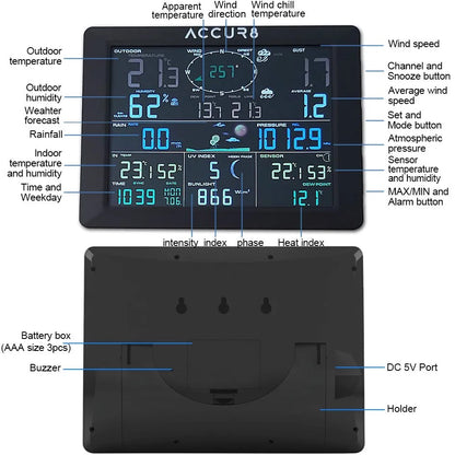 ACCUR8 DWS7100 7-in-1 Complete WiFi Weather Station incl UV Level, Weather Alerts & Mobile Phone Link - Solar-Powered