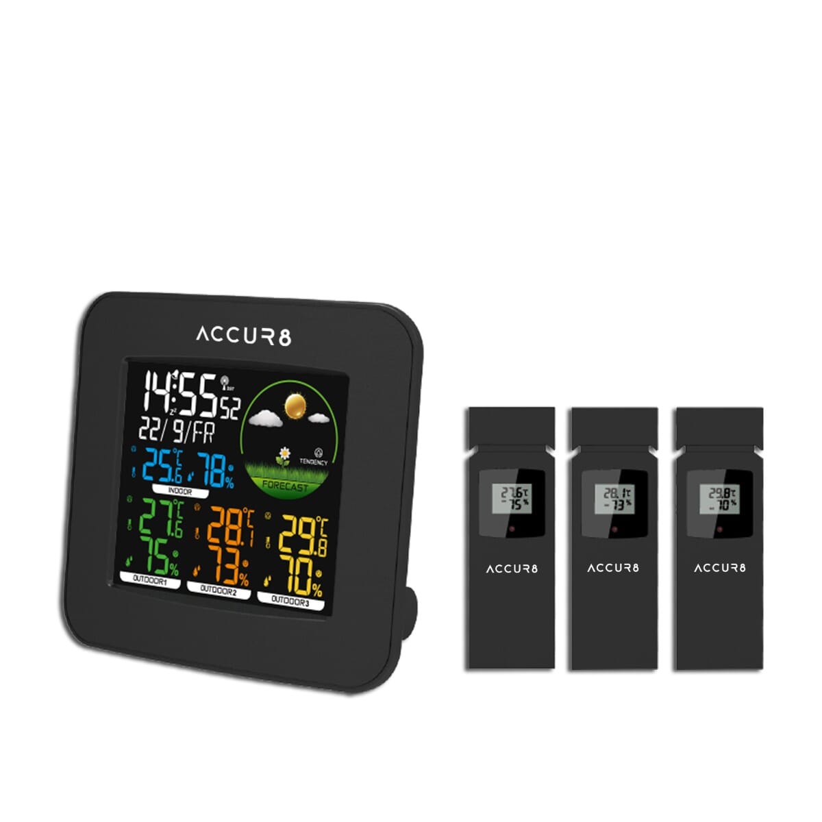 YD8266WUK-BL Weather Forecast Station Including 3 Wireless Temperature & Humidity Sensors